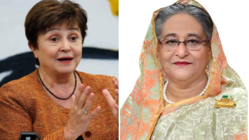 আইএমএফের ব্যবস্থাপনা পরিচালক ক্রিস্টালিনা জর্জিয়েভা ও প্রধানমন্ত্রী শেখ হাসিনা