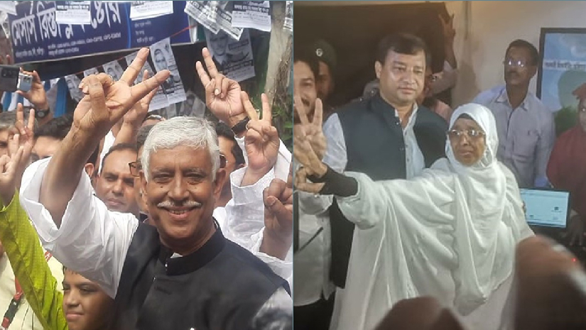 ভোট প্রধানের পর বিজয় চিহ্ন প্রদর্শন করেন প্রার্থীরা