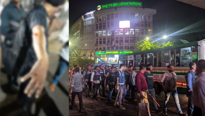 বামে আহত ৩৫ প্রত্যাশী এং ডানে পুলিশ সদস্যরা