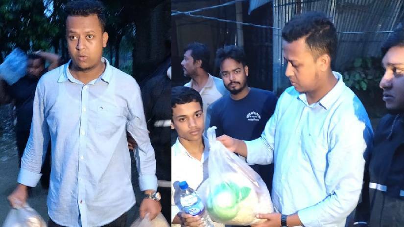 পানিবন্দি পরিবারের সদস্যদের মাঝে শুকনো খাবার পৌঁছে দিচ্ছেন উপজেলা ছাত্রলীগের সভাপতি
