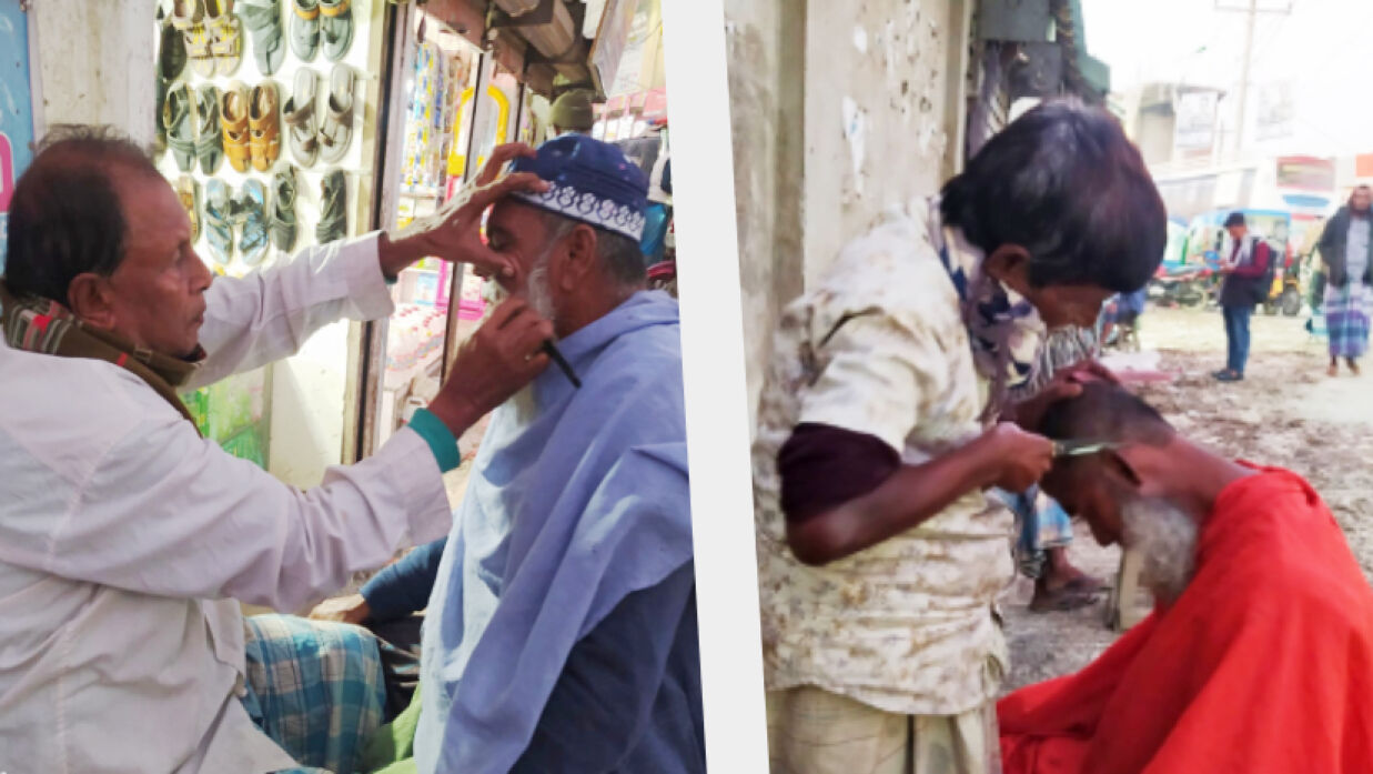 পিঁড়িতে বসিয়ে ৫০ বছর ধরে চুল-দাড়ি কাটছেন লক্ষন ও বলায়