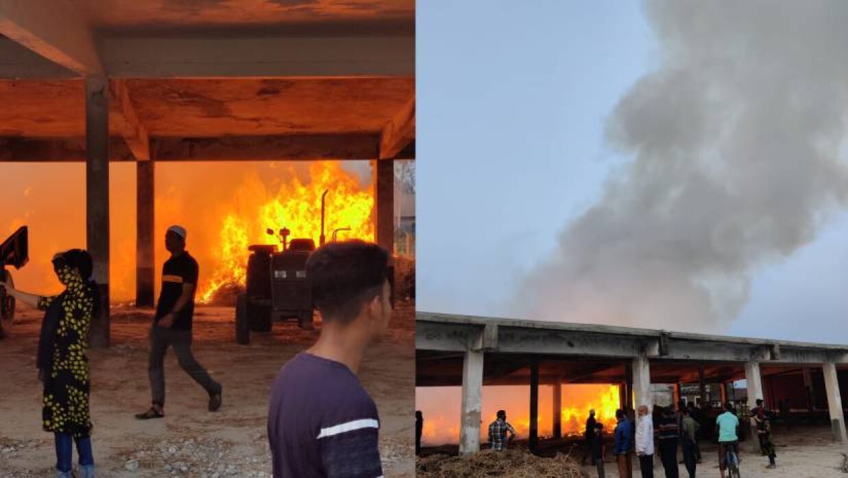 খামারের খড়ের গাদায় আগুন