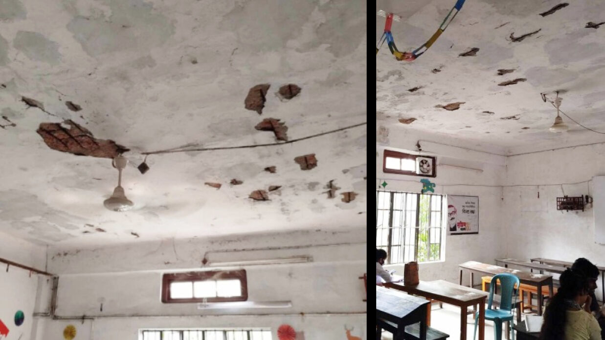 খসে পড়ছে বিজ্ঞান ভবনের কক্ষের পলেস্তারা, বেরিয়ে গেছে রড