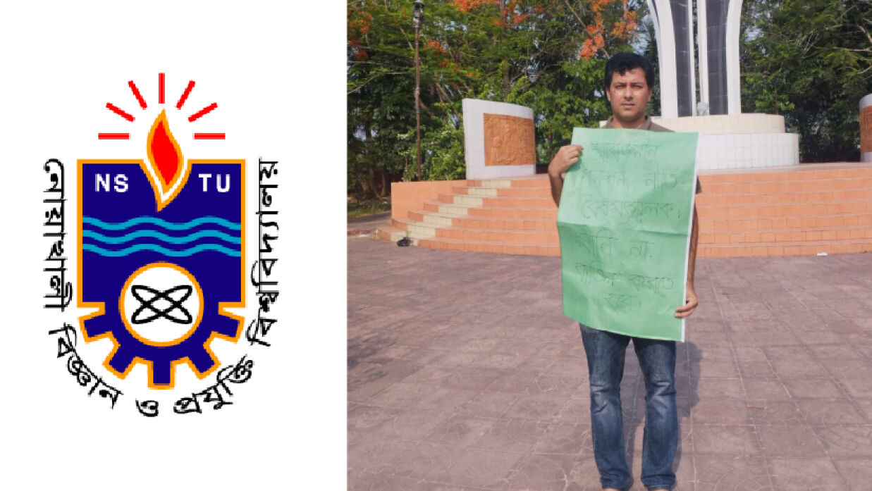 আন্দোলনরত শিক্ষক ও নোবিপ্রবি লোগো 