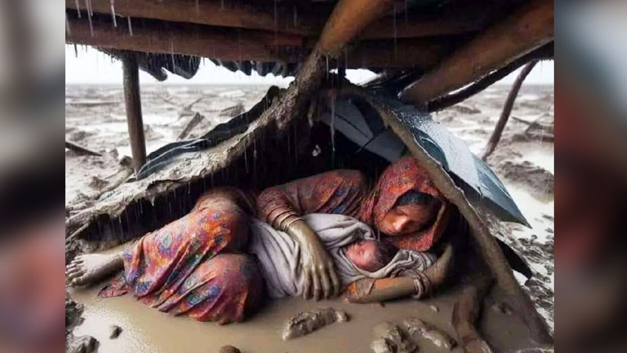 কাদা-মাটির ভেতর শিশু সন্তানকে আগলে শুয়ে আছেন মা