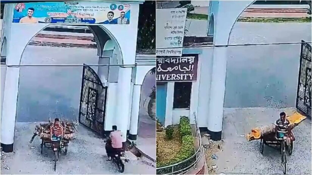 ইসলামী বিশ্ববিদ্যালয়ের মূল ফটক দিয়ে নিয়ে যাওয়া হচ্ছে গাছের গুঁড়ি ও খড়ি