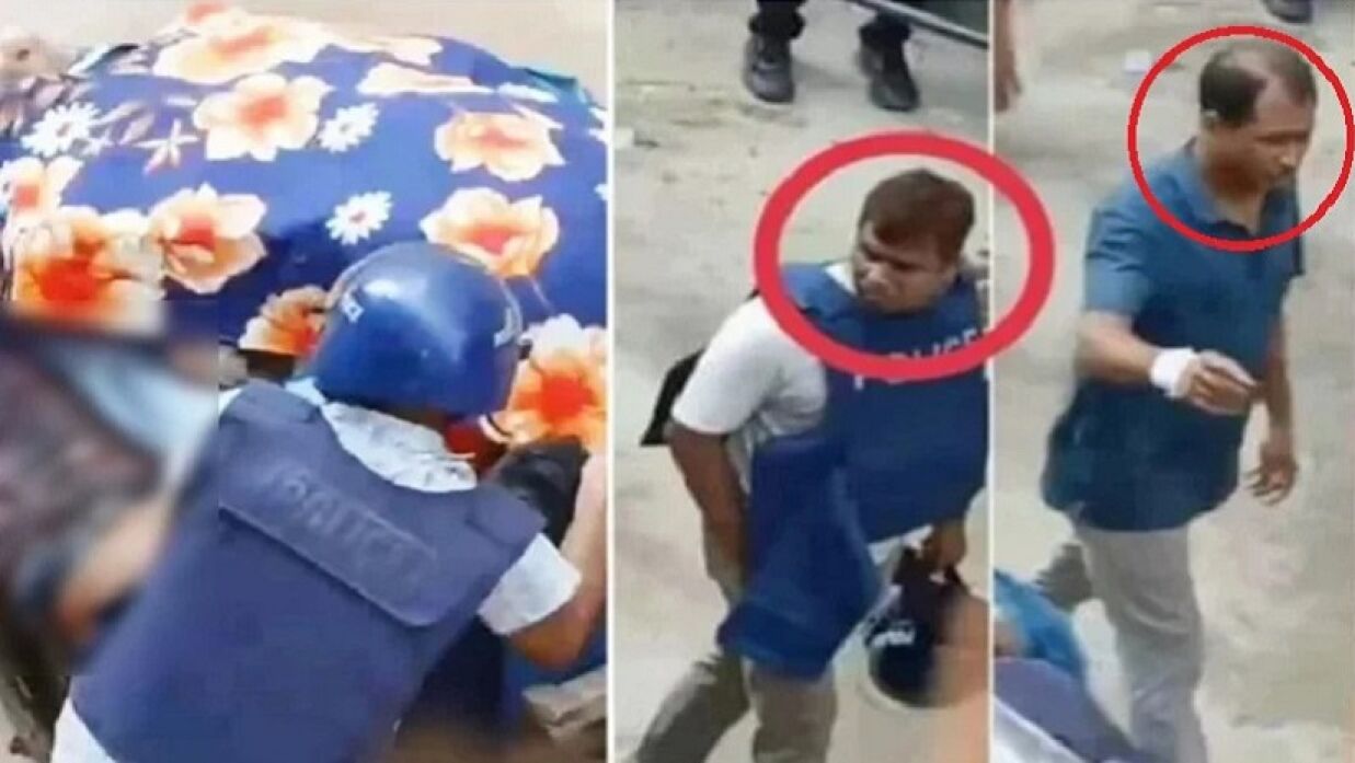 ভ্যানে লাশ তুলছেন পুলিশ সদস্যরা (বাঁয়ে); হেঁটে যাচ্ছেন দু’জন (ডানে)