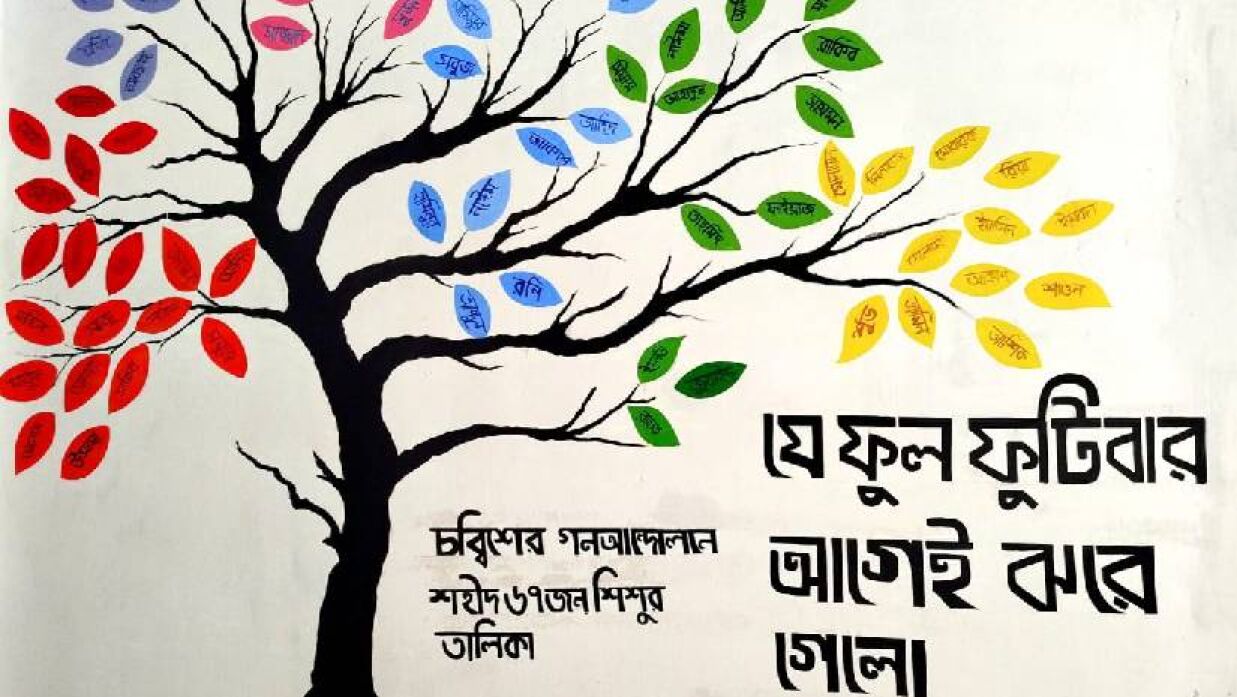 শহীদ শিশুদের স্মরণে গ্রাফিতি: ‘যে ফুল ফুটিবার আগেই ঝরে গেলো।’