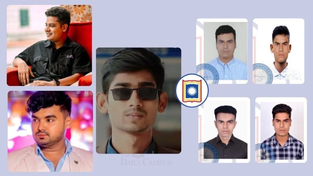 মেহেদী হাসান সনি (বাঁয়ে ওপরে), ফাহিম আল মামুন বর্ণ (নিচে) ও মো. শোভন (বাঁয়ে দু’জনের পাশে) এবং চারটি অ্যাডমিট কার্ডে ব্যবহার করা একই ব্যক্তির ছবি (ডানে)