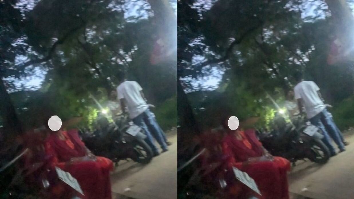 বাইকের পাশে দুইজন মাদক ক্রয়-বিক্রয় করছেন। বাম পাশের মহিলার হাতেও মাদক দেখা যাচ্ছে। তিনি বিক্রি করেছেন। সোমবারের ছবি