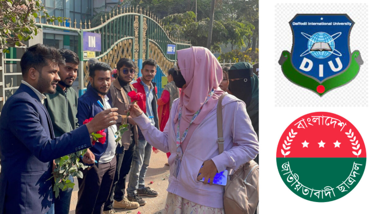 নবীন শিক্ষার্থীদের ফুল দিয়ে বরণ করছে বিশ্ববিদ্যালয় শাখা ছাত্রদল