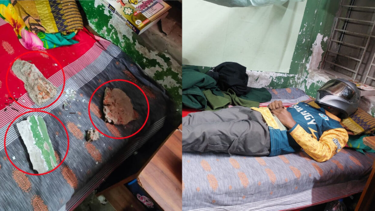 খসে পড়ছে হলের পলেস্তারা, হেলমেট মাথায় ঘুমাচ্ছেন শিক্ষার্থী