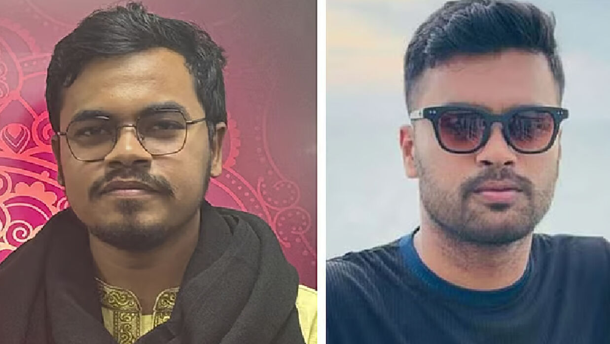 বৈষম্যবিরোধী ছাত্র আন্দোলনের রাজশাহী মহানগরের যুগ্ম আহ্বায়ক মো. মাঈন উদ্দীন (বাঁয়ে) ও যুগ্ম সদস্যসচিব মো. হুমায়ুন কবির