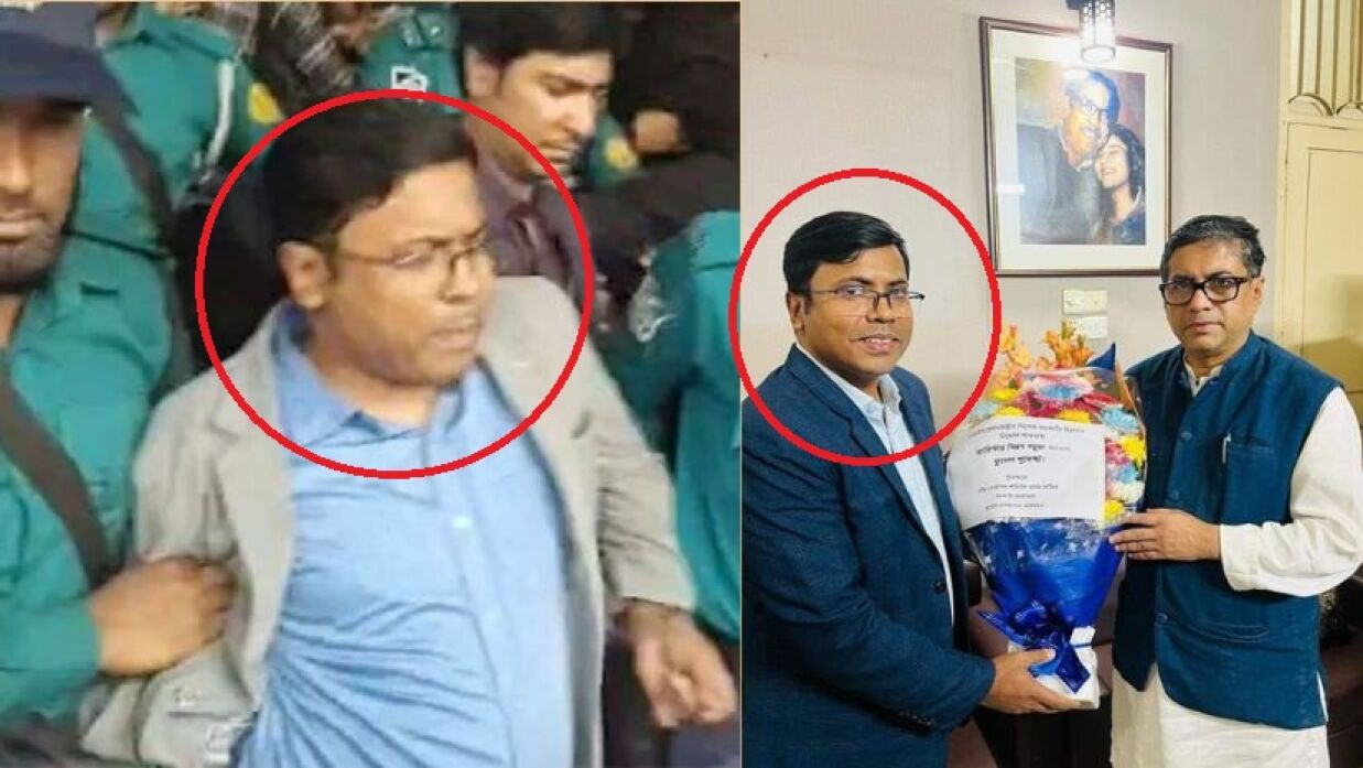আটকের পর শফিউল আলম (বামে), আওয়ামী লীগ নেতা বিপ্লব বড়ুয়ার সঙ্গে শফিউল আলম (ডানে)