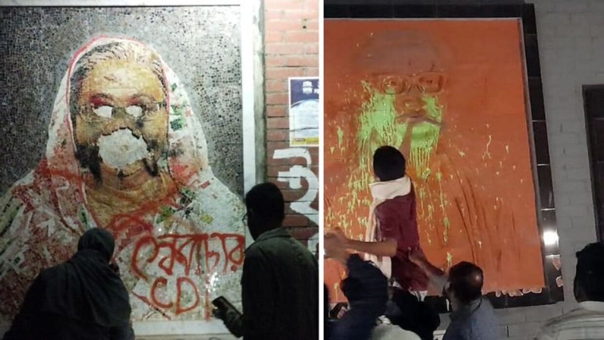 হাসিনা ও মুজিবুর রহমানের ছবি মুছে দিচ্ছেন শিক্ষার্থীরা