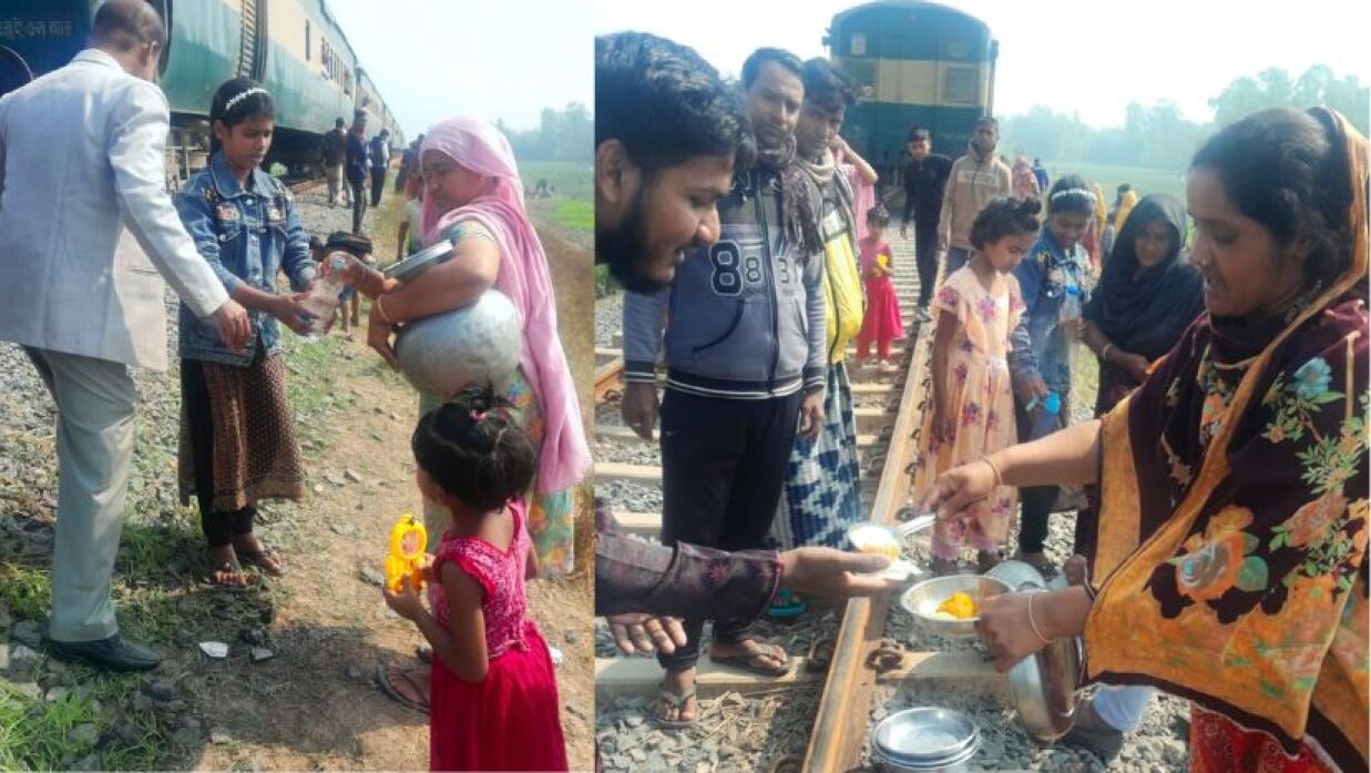 পাবনার সাঁথিয়া উপজেলার তাঁতীবন্দ এলাকায় ট্রেনের ইঞ্জিন বিকল হওয়ায় খাবার ও পানি নিয়ে এগিয়ে আসেন আশপাশের মানুষ