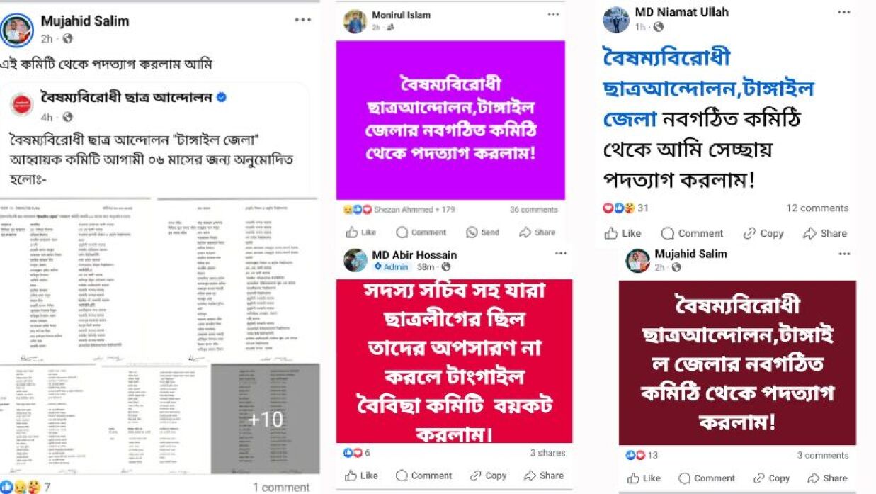 বৈষম্যবিরোধী ছাত্র আন্দোলনের কমিটি গঠনের পর কয়েকজন পদত্যাগের ঘোষণা দিয়ে ফেসবুকে পোস্ট দিয়েছেন
