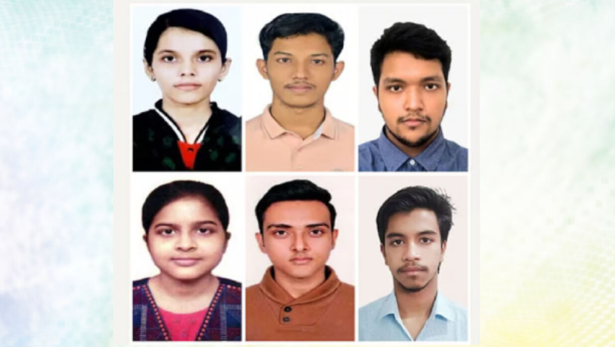 চুয়েটে স্নাতকের ভর্তি পরীক্ষায় সেরা হয়েছেন ওপরে বাঁ থেকে মাইশাতুল জান্নাত, প্রত্যয় দাশ ও আহনাফ ফরিদ। নিচে বাঁ থেকে সপ্তর্শী দে, ওয়াসিকুর রহনাম মিয়াজী ও ফয়সাল আবিদ