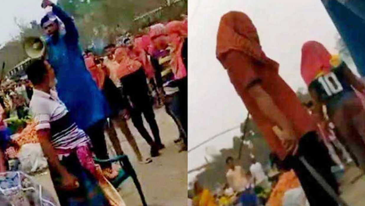 লাল কাপড় বেঁধে হাতে রামদা নিয়ে মহড়া