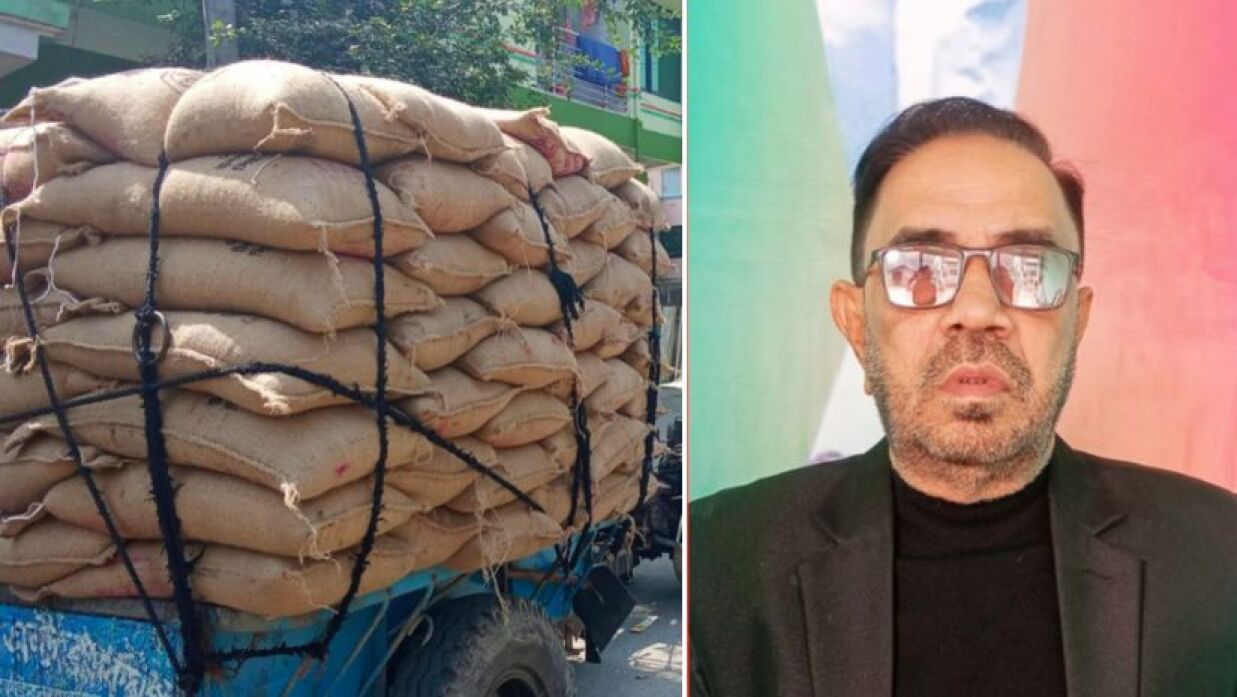 চাল বোঝায় ট্রলি ও বিএনপি নেতা রুহুল কুদ্দুস