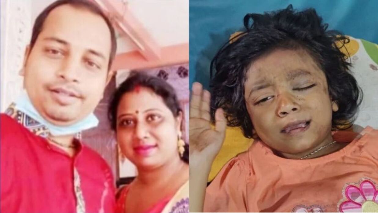 ছোট্ট আরাধ্যা (ডানে) ও তার মা-বাবা (বামে)