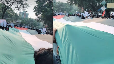 ৭০ ফুট ফিলিস্তিনি পতাকা নিয়ে পররাষ্ট্র মন্ত্রণালয় অভিমুখে পদযাত্রা