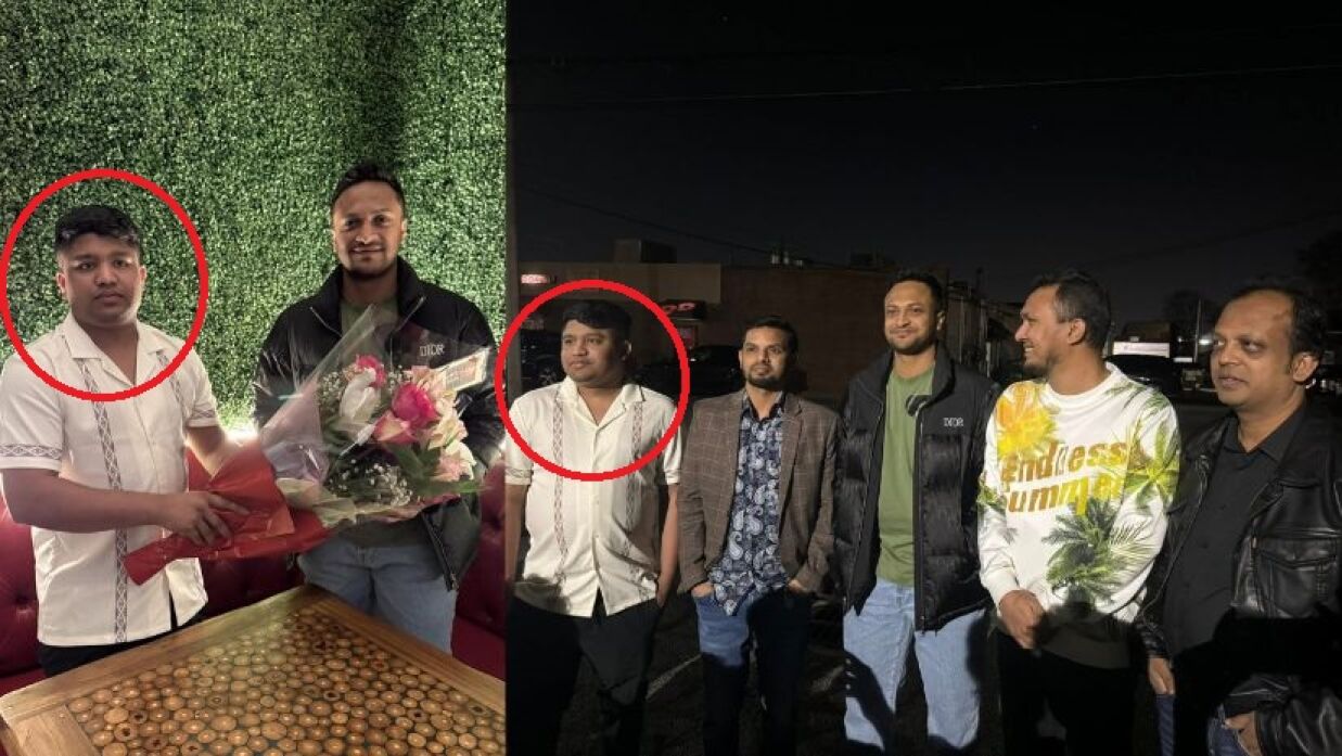 ছাত্রলীগের নেতাকর্মীদের সঙ্গে ফটোসেশনে সাকিব আল হাসান। গোল চিহ্নের মধ্যে ছাত্রলীগ নেতা স্বপ্নীল খান