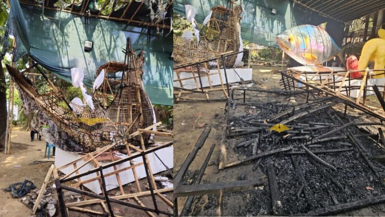  ‘ফ্যাসিবাদের মুখাকৃতি’ ও ‘শান্তির পায়রায়’ আগুন