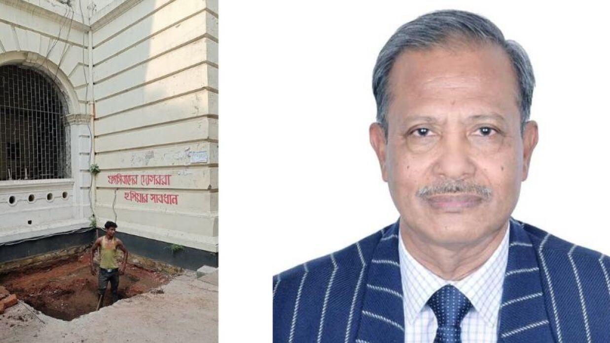 লিফট নির্মাণের জন্য খনন কাজ ও জবি উপাচার্য অধ্যাপক রেজাউল করিম