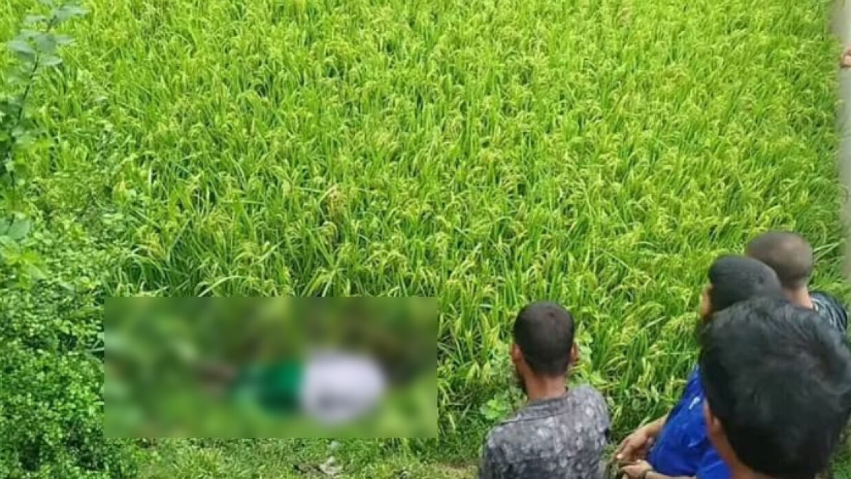 ধানক্ষেতে পড়ে থাকা মরদেহ দেখছেন স্থানীয় লোকজন