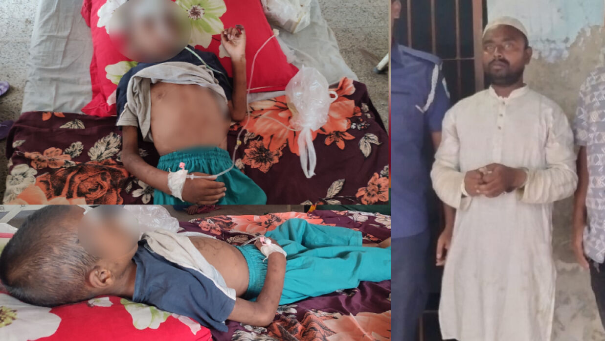 হাসপাতালে চিকিৎসাধীন শিশু সোয়াইব হোসেন ও গ্রেপ্তার রফিকুল ইসলাম বিপ্লব