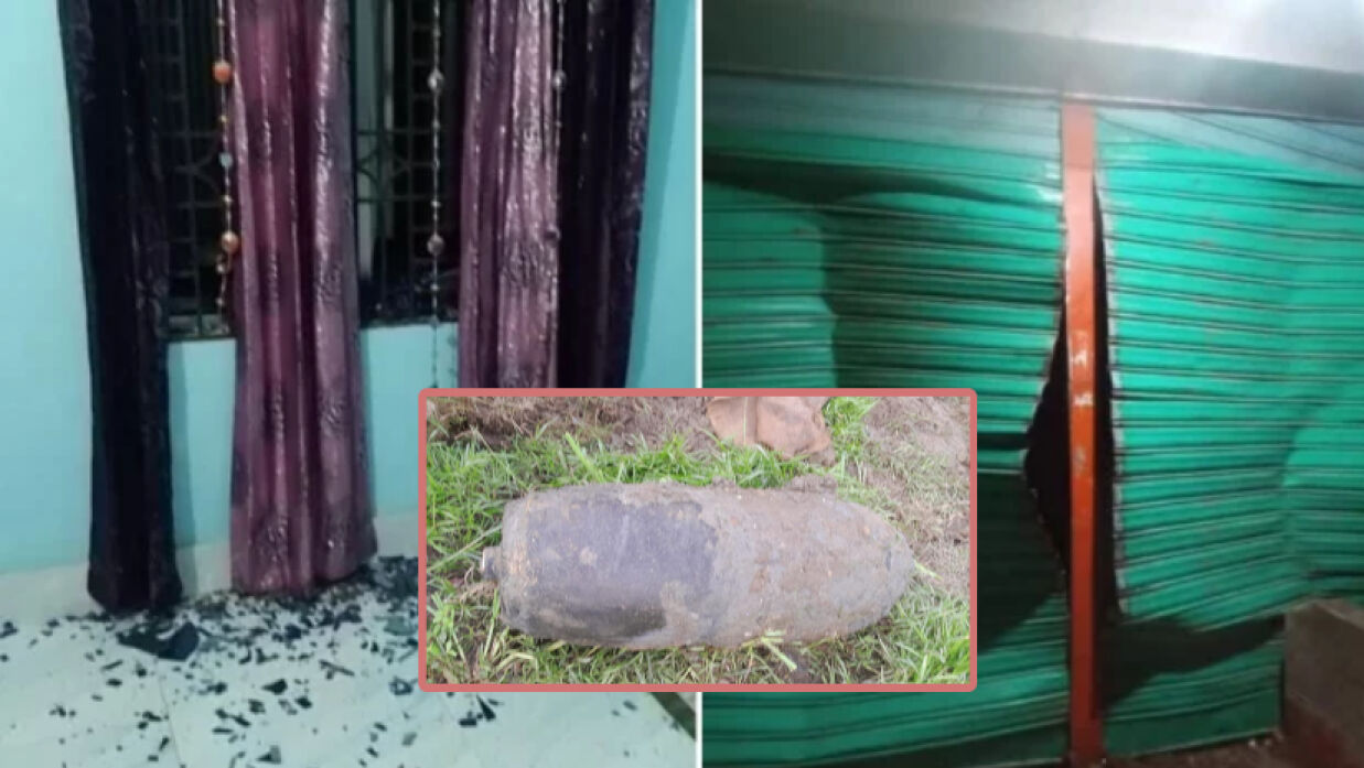 বিস্ফোরণে ক্ষতিগ্রস্ত ঘরবাড়ি। ইনসেটে মর্টার শেল