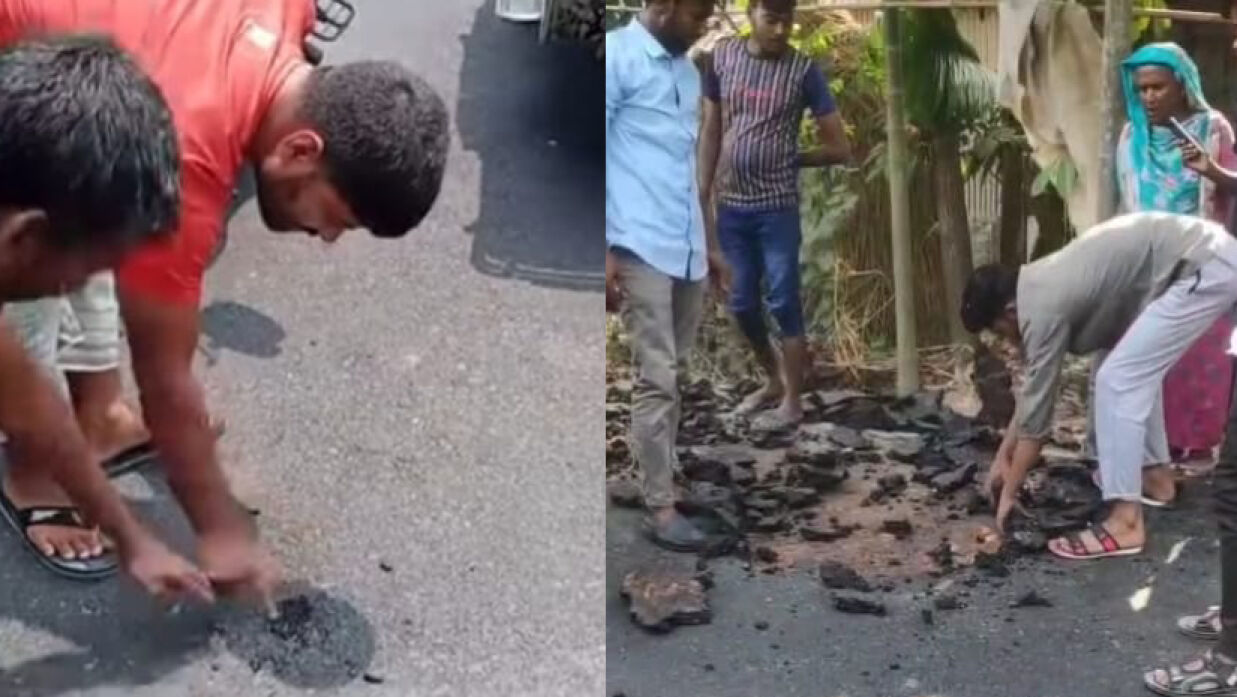 হাতের খোঁচায় উঠে যাচ্ছে পাথর ও পিচের ঢালাই